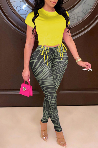 Yellow Fashion Casual Print Solid Draw String Frenulum O Neck Short Sleeve Two Pieces