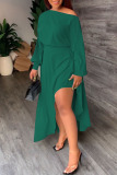 Ink Green Casual Solid Patchwork Asymmetrical Oblique Collar Dresses