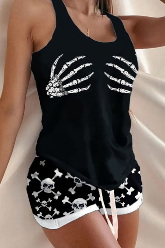 Black Halloween Skull Hand Print Sleeveless U Neck Vest and Baggy Shorts 2 Piece Outfits