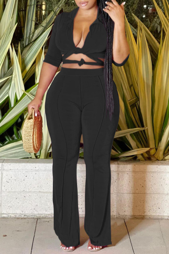 Black Fashion Casual Solid Bandage Turndown Collar Half Sleeve Two Pieces