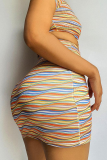 Colour Sexy Striped Hollowed Out Turndown Collar Pencil Skirt Dresses