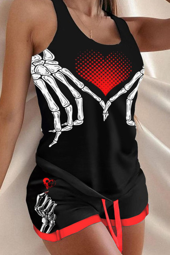 Black Red Halloween Skull Hand Print Sleeveless U Neck Vest and Baggy Shorts 2 Piece Outfits
