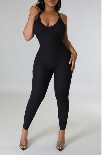 Black Sexy Solid Patchwork Spaghetti Strap Skinny Jumpsuits