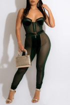 Green Sexy Solid Patchwork See-through Spaghetti Strap Skinny Jumpsuits
