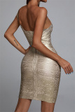 Gold Sexy Formal Solid Patchwork Backless Oblique Collar Sleeveless Dress Dresses