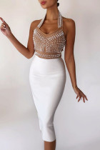 White Fashion Sexy Patchwork Backless Beading Halter Sleeveless Dress