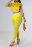 Yellow Sexy Solid Mesh O Neck Sleeveless Two Pieces