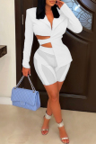 White Sexy Casual Solid Bandage Patchwork Turndown Collar Long Sleeve Two Pieces