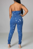 The cowboy blue Fashion Sexy Print Patchwork Backless Strapless Skinny Jumpsuits