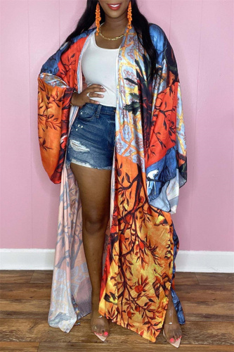Tangerine Red Casual Print Patchwork Cardigan Cardigan Collar Outerwear
