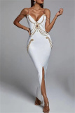 White Fashion Sexy Formal Patchwork Chains Backless Spaghetti Strap Evening Dress Dresses