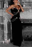 Black Fashion Sexy Formal Patchwork Chains Backless Spaghetti Strap Evening Dress Dresses