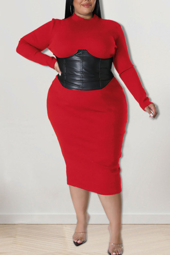 Red Fashion Sexy Solid Patchwork O Neck One Step Skirt Plus Size Dresses