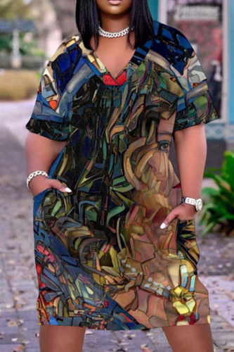 Turquoise Fashion Print Pocket V Neck Straight Dresses