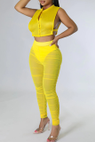 Yellow Sexy Solid Mesh O Neck Sleeveless Two Pieces