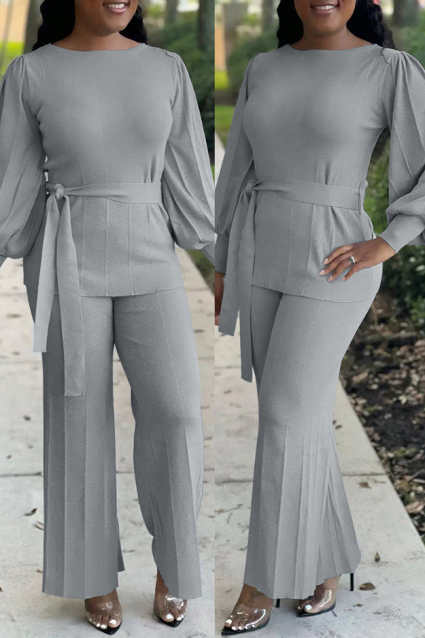 Elegant Patchwork Pleated O Neck Long Sleeve Two Pieces
