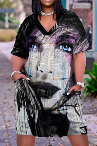 Black Gray Fashion Print Pocket V Neck Straight Dresses