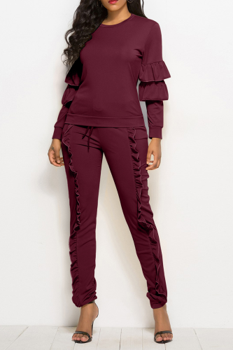 Burgundy Fashion Solid Flounce O Neck Long Sleeve Two Pieces