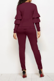 Burgundy Fashion Solid Flounce O Neck Long Sleeve Two Pieces