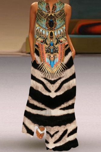 Brown Fashion Street Print Patchwork V Neck A Line Dresses