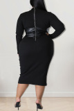 Black Fashion Sexy Solid Patchwork O Neck One Step Skirt Plus Size Dresses