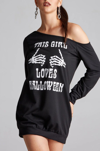 White Black Halloween Skull Print O Neck Long Sleeve T Shirt Mini Dress