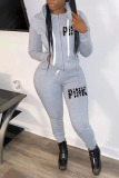 Dark Gray Casual Print Patchwork Zipper Hooded Collar Long Sleeve Two Pieces