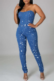 The cowboy blue Fashion Sexy Print Patchwork Backless Strapless Skinny Jumpsuits