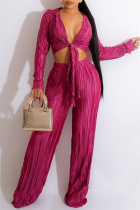 Fuchsia Fashion Sexy Casual Solid Bandage V Neck Long Sleeve Two Pieces