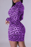 Leopard Print Sexy Print Patchwork Zipper Half A Turtleneck Long Sleeve Dresses