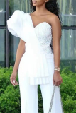 White Sweet Elegant Solid Patchwork Pearl One Shoulder Straight Jumpsuits