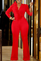 Red Celebrities Elegant Solid Patchwork Mesh V Neck Straight Jumpsuits