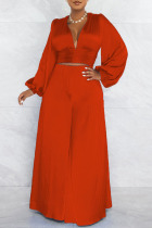 Tangerine Red Sexy Solid Patchwork V Neck Long Sleeve Two Pieces