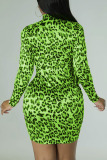 Green Sexy Print Patchwork Zipper Half A Turtleneck Long Sleeve Dresses