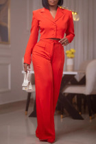 Tangerine Red Casual Solid Patchwork Buckle Turn-back Collar Long Sleeve Two Pieces