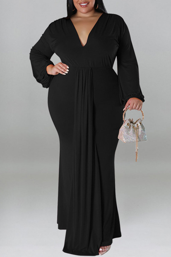 Black Elegant Solid Patchwork V Neck Long Sleeve Plus Size Dresses