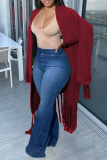 Rose Red Casual Solid Tassel V Neck Outerwear