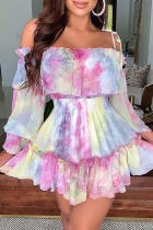 Pink Casual Patchwork Tie-dye Flounce Spaghetti Strap Cake Skirt Dresses