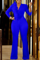 Blue Celebrities Elegant Solid Patchwork Mesh V Neck Straight Jumpsuits