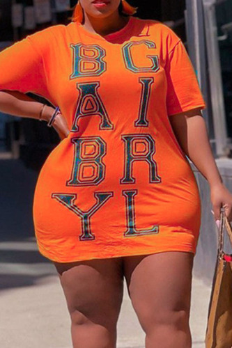 Orange Casual Print Patchwork O Neck T-shirt Dress Plus Size Dresses