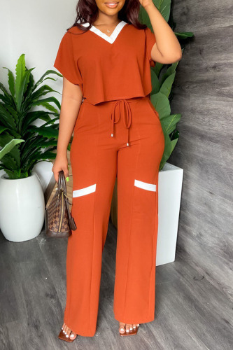 Tangerine Red Casual Solid Patchwork V Neck Short Sleeve Two Pieces
