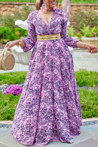 Purple Casual Sweet Print Patchwork V Neck Plus Size Dresses