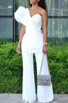 White Sweet Elegant Solid Patchwork Pearl One Shoulder Straight Jumpsuits