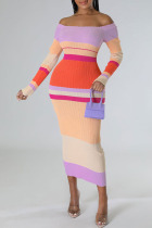 Pink Casual Striped Print Patchwork Off the Shoulder One Step Skirt Dresses