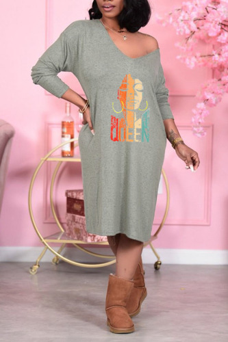 Grey Print Patchwork V Neck Straight Dresses