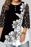 Black Casual Print Patchwork O Neck Plus Size Tops