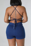 Deep Blue Sexy Casual Solid Backless Cross Straps O Neck Sleeveless Skinny Denim Romper