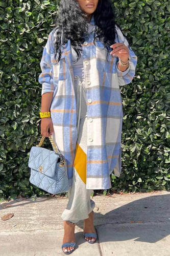 Blue Casual Plaid Print Patchwork Cardigan Turndown Collar Outerwear