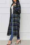 Blue Casual Plaid Print Cardigan Turndown Collar Outerwear
