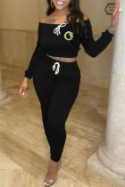 Black Casual Solid Patchwork Metal Accessories Decoration Off the Shoulder Long Sleeve Two Pieces (With Brooch)